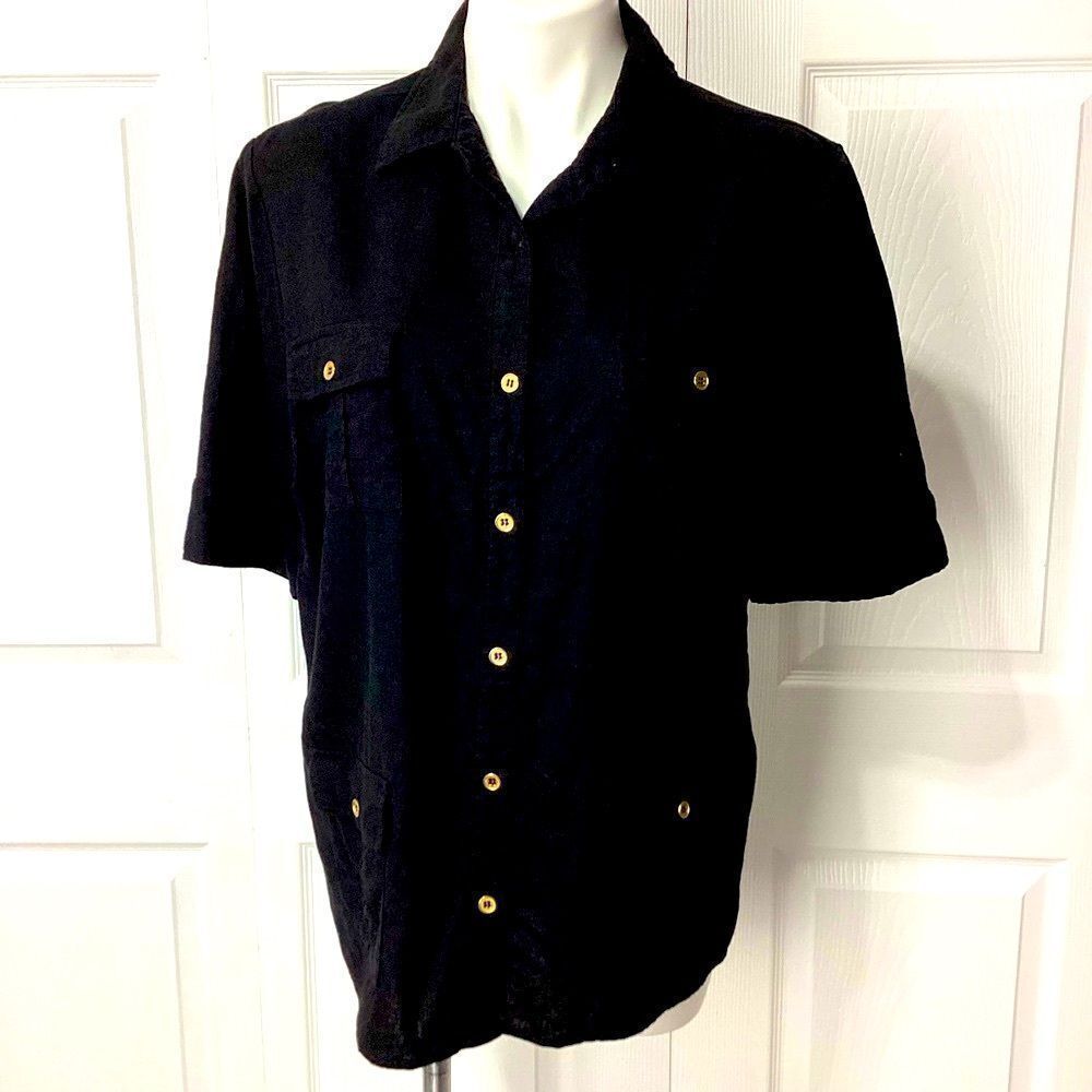 Jaclyn Smith Linen Shirt Black Button Front Short Sleeve Pockets XL